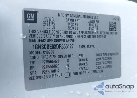 2013 Chevrolet Tahoe Lt z USA, uszkodzony, nr VIN 1GNSCBE03DR355127